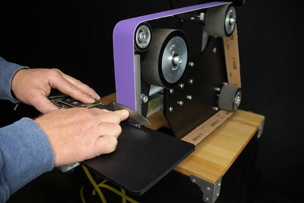 84 Engineering Shop Master 2x72" bevel combo kit includes an angle adjustable rest, a 6mm plunge platen and an assortment of ceramic, zirconia and aluminium oxide belts - everything you need to create a knife Edit alt text  Edit alt text